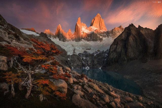 Mountain lake trees sunset fire free wallpaper - medium preview image