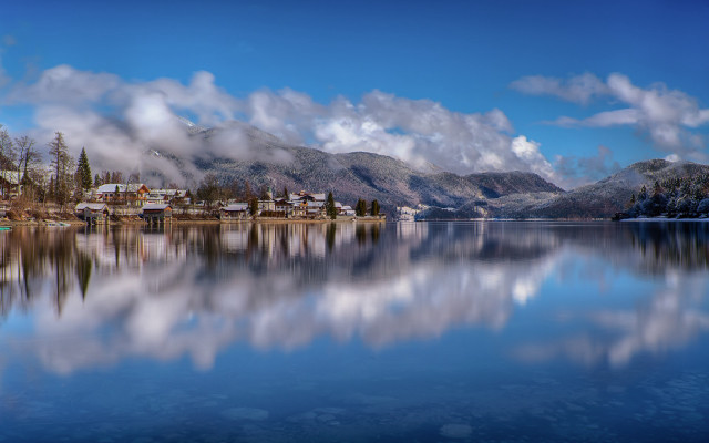 Lake mountain town clouds reflections free wallpaper - medium preview image