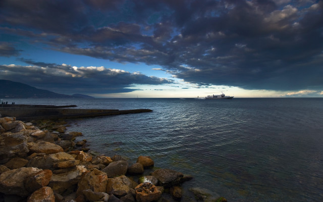 Large water boat cloudy shore free wallpaper - medium preview image