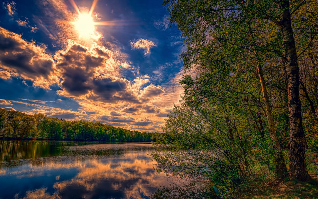 Lake forest sunset clouds tree free wallpaper - medium preview image