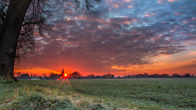 Sunset field tree church red free wallpaper - medium preview image