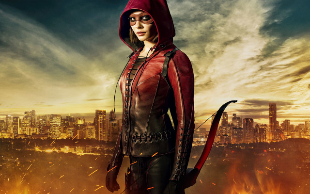 Woman red hoodie city skyline #2 free wallpaper for desktop - medium preview image