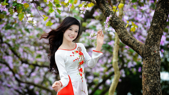 Woman white red dress tree free wallpaper - medium preview image