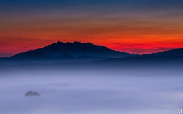 Mountain foggy sunset red sky free wallpaper - medium preview image