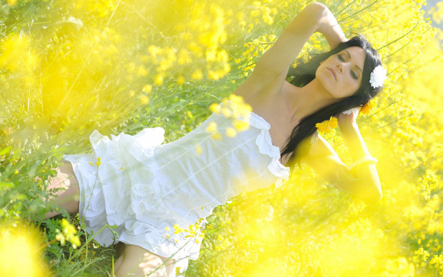 Woman white dress field yellow #3 free wallpaper - medium preview image