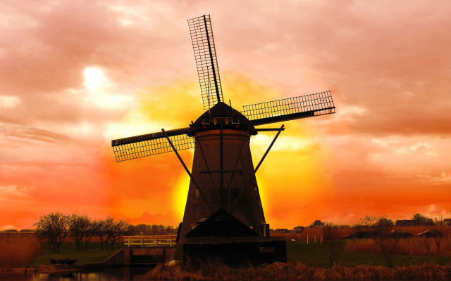 Windmill red sky clouds dusk free wallpaper - medium preview image