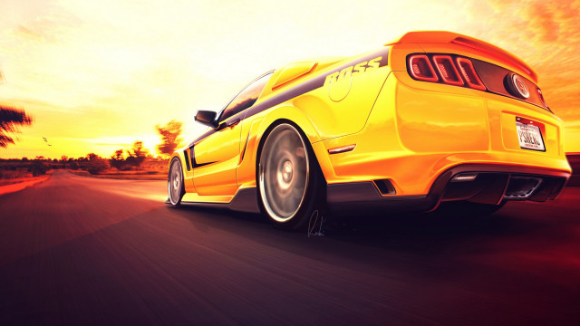 Yellow car sunset mountain ocean free wallpaper - medium preview image