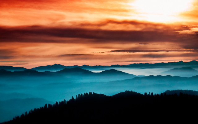Sunset mountain range forest red free wallpaper - medium preview image