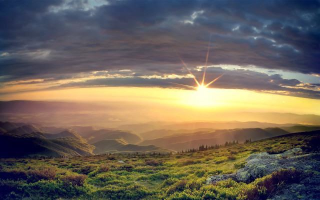 Sunset mountain valley clouds lights free wallpaper - medium preview image