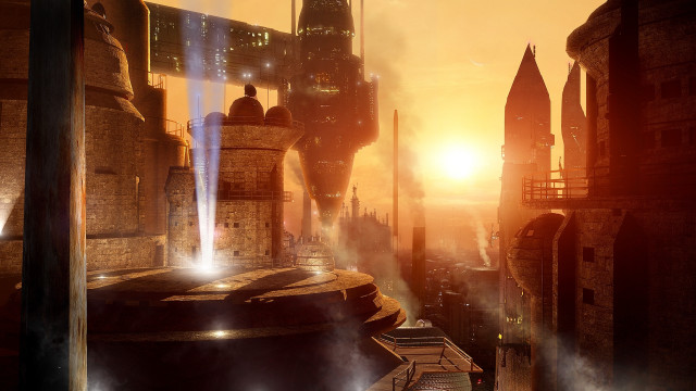Futuristic city fountain sunset afrofuturism free wallpaper - medium preview image