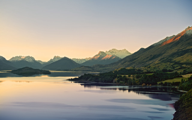 Lake mountains sunset clouds city free wallpaper for desktop - medium preview image
