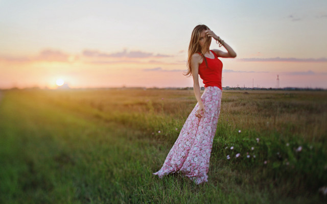 Woman dress field sunset blonde free wallpaper - medium preview image