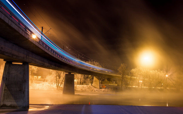 Train bridge night fog lights free wallpaper - medium preview image