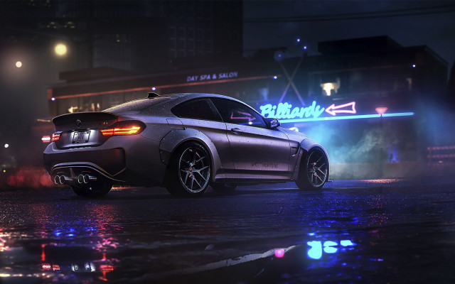 Silver car wet street night free wallpaper - medium preview image