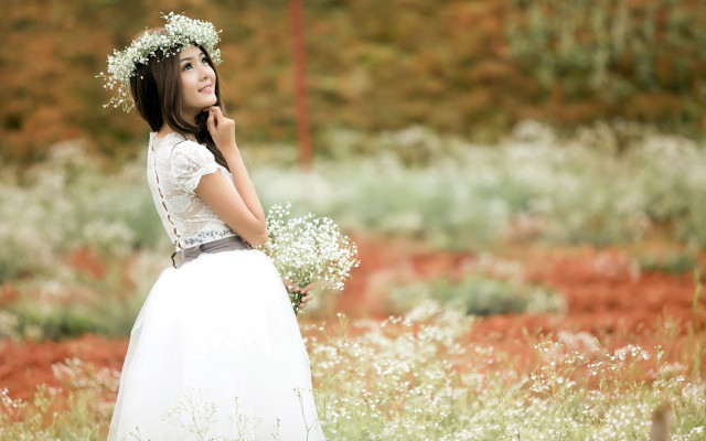 Woman white dress flower field free wallpaper - medium preview image