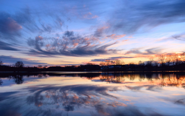 Lake sunset clouds trees bridge free wallpaper - medium preview image