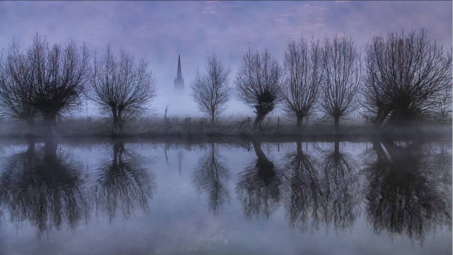Foggy lake trees church blue free wallpaper - medium preview image