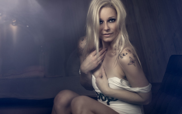 Woman white dress tattoo portrait free wallpaper - medium preview image