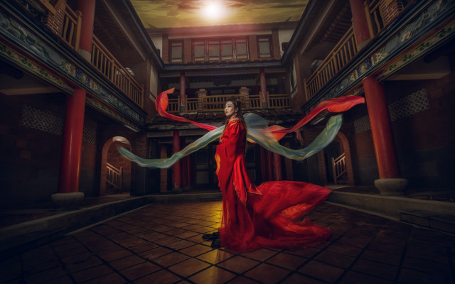 Woman red dress library architecture free wallpaper - medium preview image