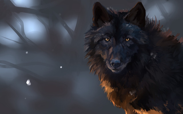 Black wolf snowy forest blue free wallpaper - medium preview image