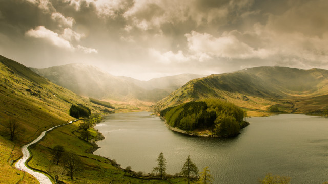 Lake mountains cloudy sky path free wallpaper - medium preview image