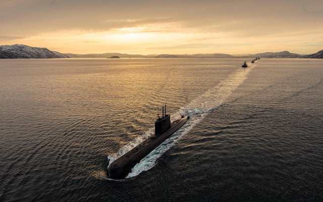 Submarine mountains sunset ships beach free wallpaper - medium preview image