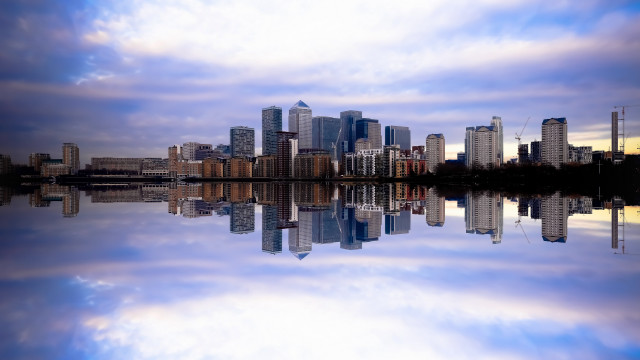 City skyline reflection lake sunset free wallpaper - medium preview image