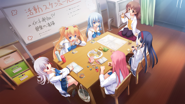 Girls sitting table whiteboard background free wallpaper - medium preview image