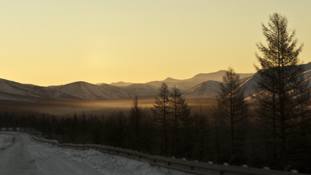 Mountain road fog trees sunset free wallpaper - medium preview image
