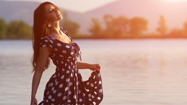 Woman dress lake mountains anamorphic free wallpaper - medium preview image