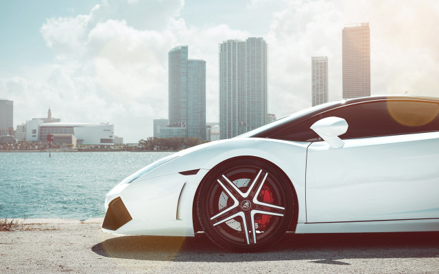 White sports car city lake free wallpaper - medium preview image