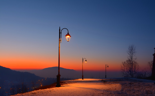 Snowy road mountain sunset lamp free wallpaper - medium preview image