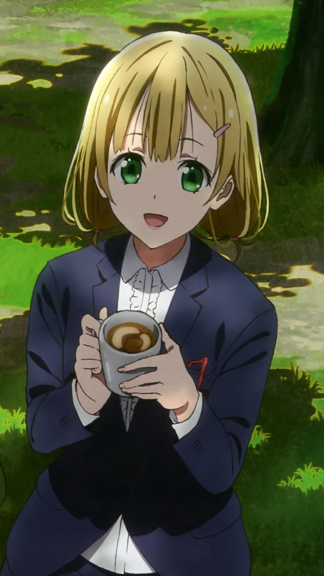 Woman suit coffee park grass free wallpaper - medium preview image