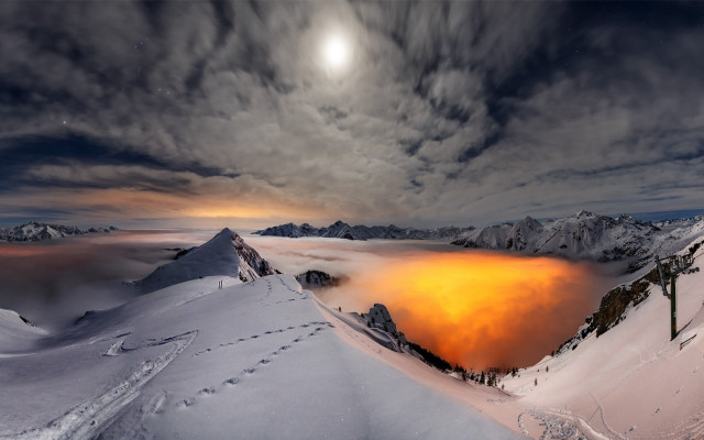Snowy mountain orange light cityscape free wallpaper - medium preview image