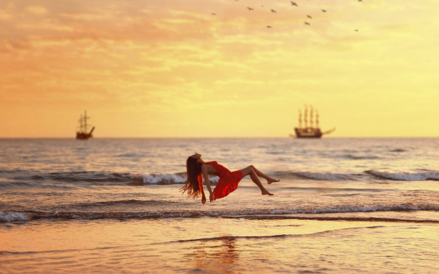 Woman red dress beach sunset #3 free wallpaper - medium preview image