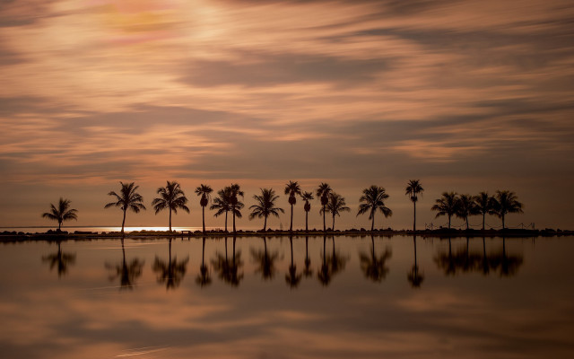 Sunset palmtrees boat clouds ocean free wallpaper - medium preview image