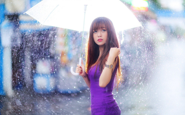 Woman umbrella rain city lights #2 free wallpaper - medium preview image