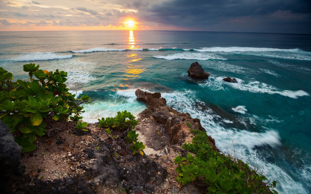 Sunset ocean rocky shore waves free wallpaper - medium preview image