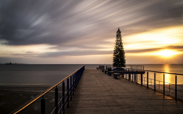 Pier tree sunset clouds boat free wallpaper - medium preview image