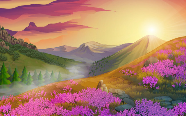 Mountain landscape flower trees sunset free wallpaper - medium preview image