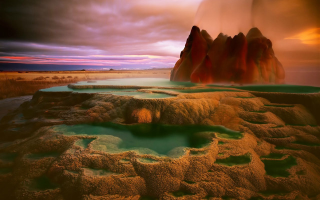 Surreal hot spring mountain sunset free wallpaper - medium preview image