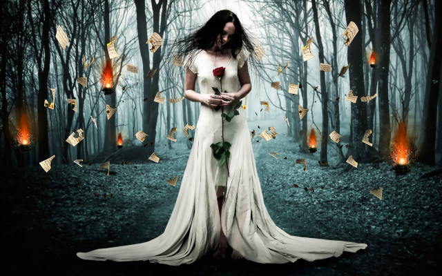 Woman white dress forest paper free wallpaper - medium preview image