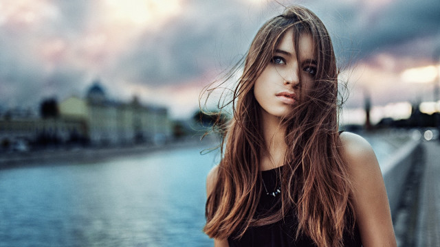 Woman bridge water cloudy sky free wallpaper - medium preview image