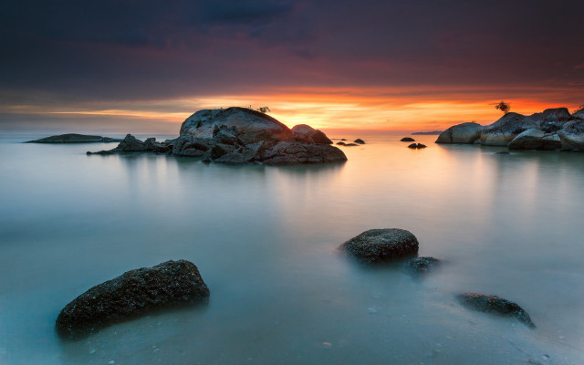 Sunset rocky beach birds long free wallpaper - medium preview image