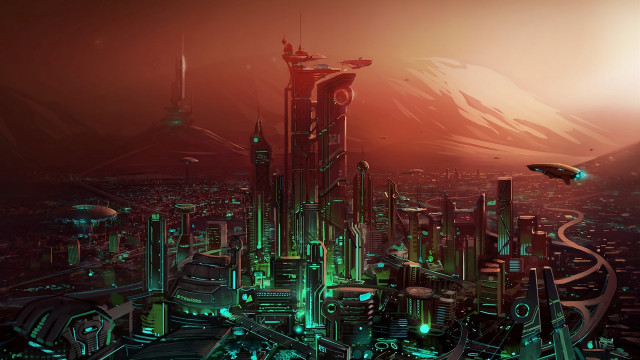 Futuristic city flying saucer matte free wallpaper - medium preview image