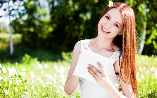 Woman white dress smiling green free wallpaper - medium preview image