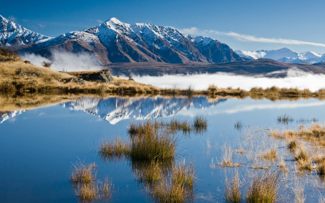 Mountain lake grass bushes clouds free wallpaper - medium preview image