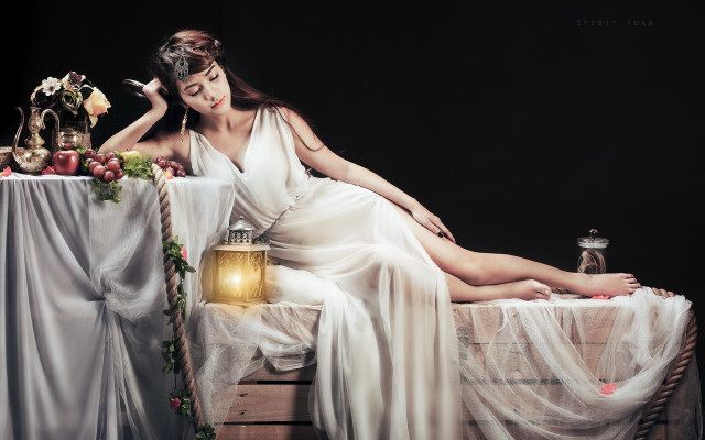 Woman white dress bed lantern free wallpaper - medium preview image