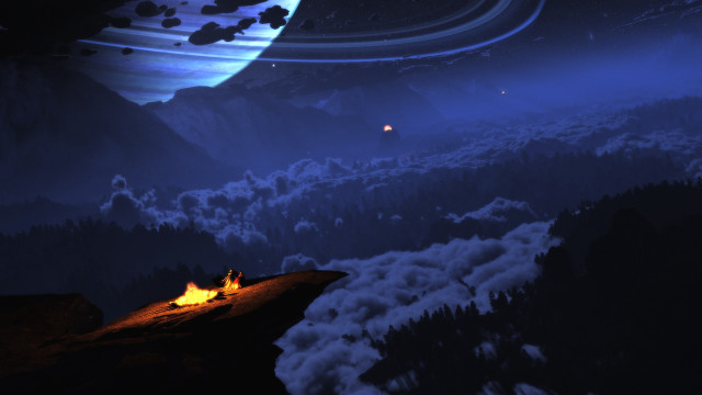 Distant planet campfire mountain night free wallpaper - medium preview image