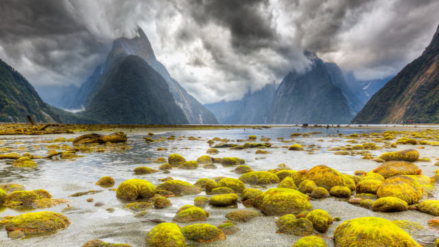 River moss rocks mountains cloudy free wallpaper - medium preview image